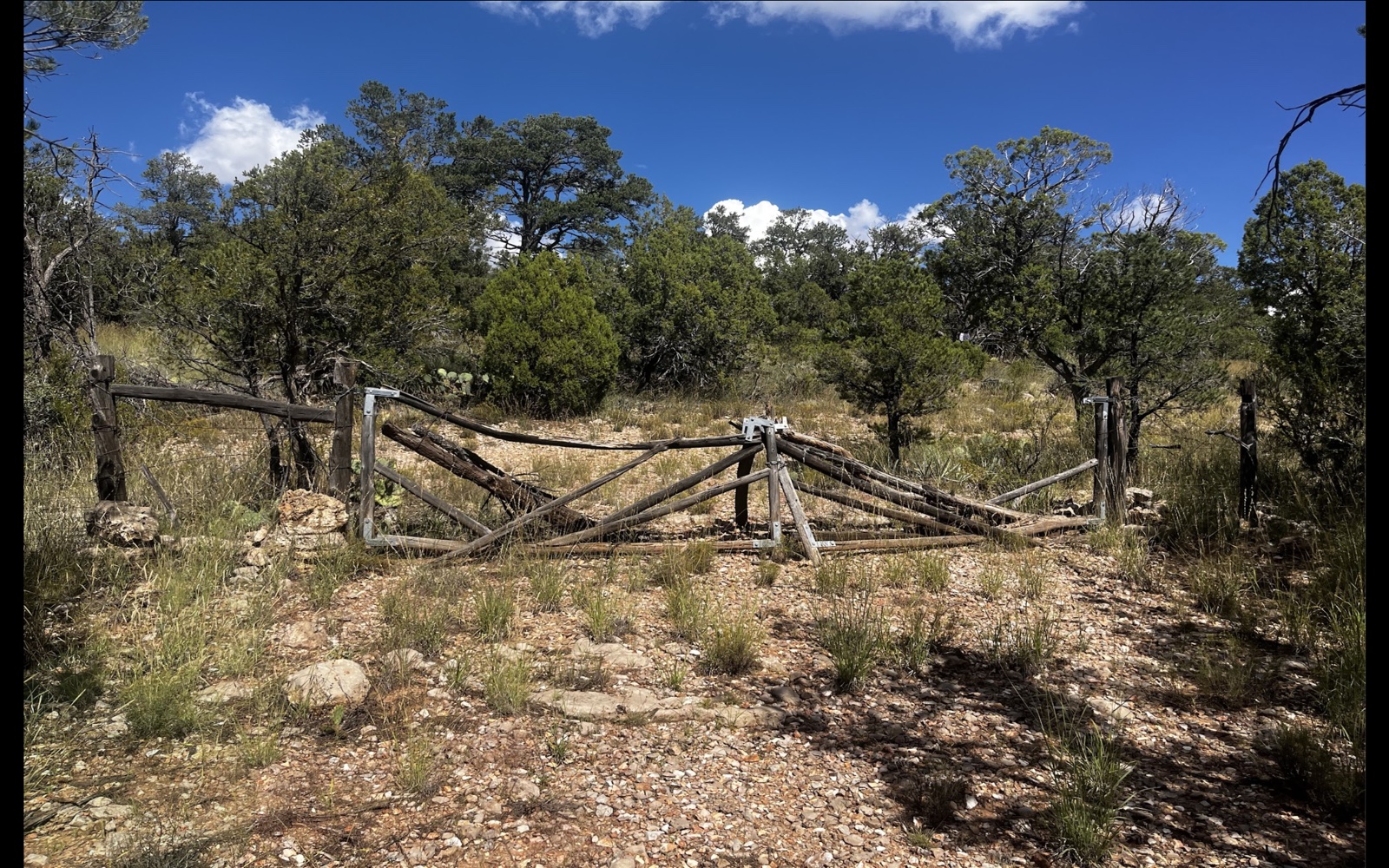 Camp Urga, Mohave County, AZ — wooden ranch gate at the threshold, junipers under high-desert sky